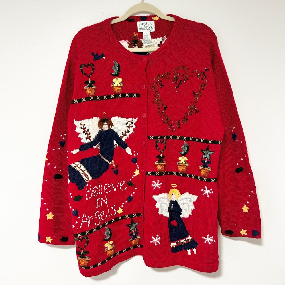 The Quaker Factory Red‎ Believe In Angels Ugly Christmas Sweater Cardigan 1X